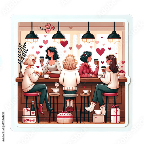 Galentine's Day, Girls sitting , window with a bar