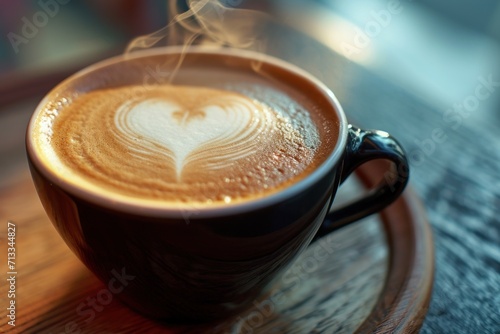 A steaming latte with a heart painted on the foam with heart 