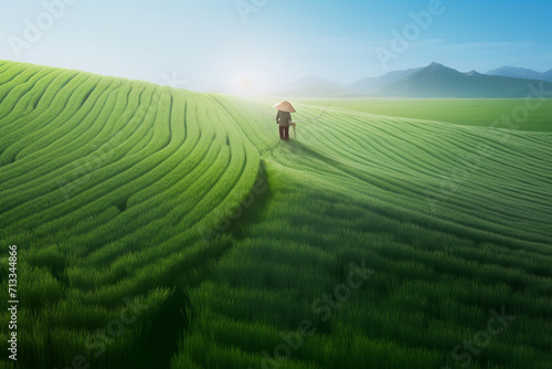 A farmer in a large rice field