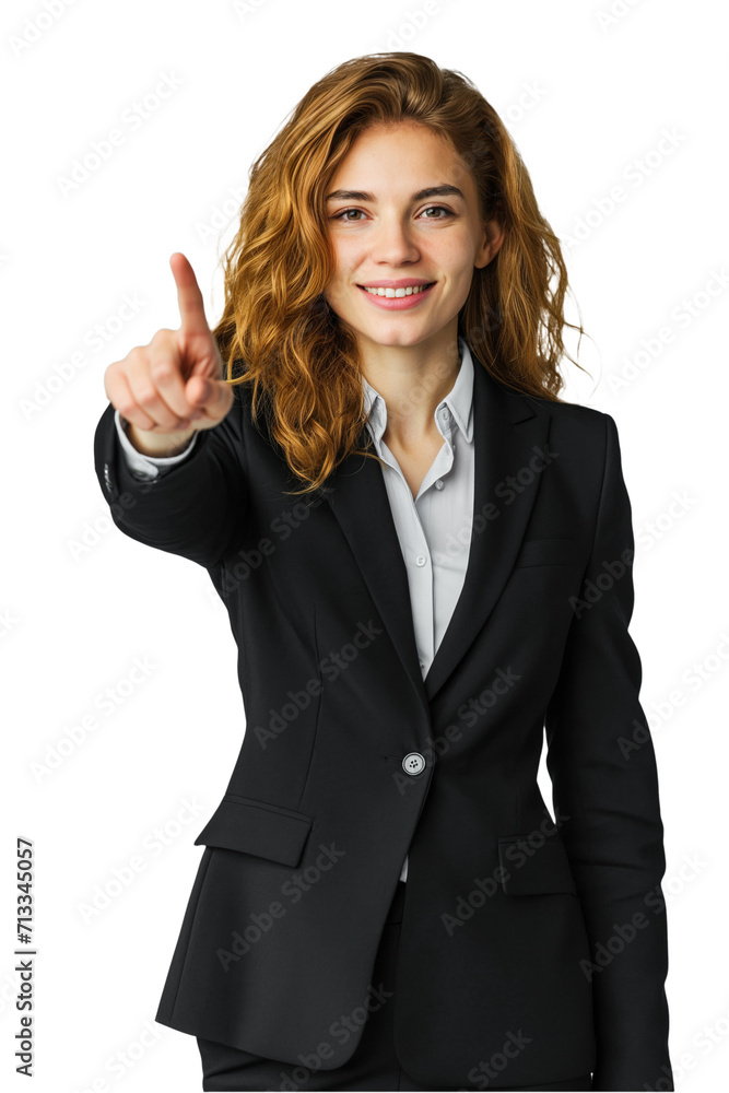 Professional Young Woman in Business Suit Pointing Forward isolated on transparent background Professional Young Woman in Business Suit Pointing Forward isolated on transparent background