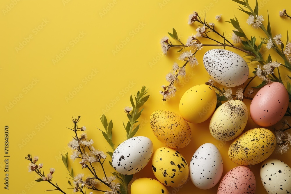 Colorful Easter Eggs and Spring Blossoms on a Yellow Background