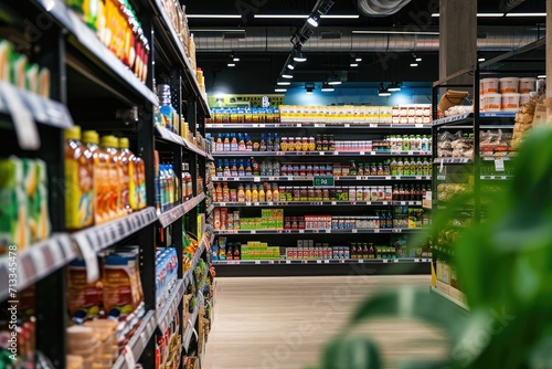 Interior of a supermarket with shelves filled with groceries