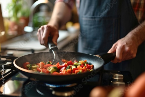 Man cooking vegetables on a frying pan on electric stove photo