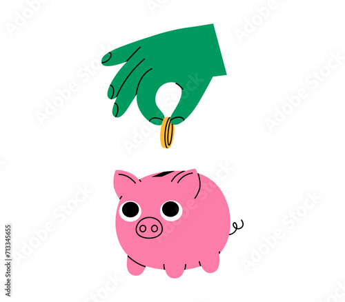 Hand drawn cute cartoon illustration of hand puts coin into piggy bank. Flat vector moneybox for savings sticker in doodle style. Bank deposit or financial cushion icon. Investment. Isolated.