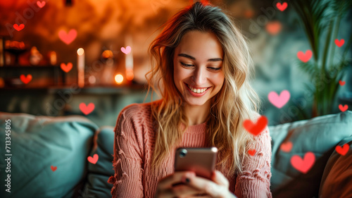 Happy girl gets a valentine via cell phone. The room is filled with glowing hearts.