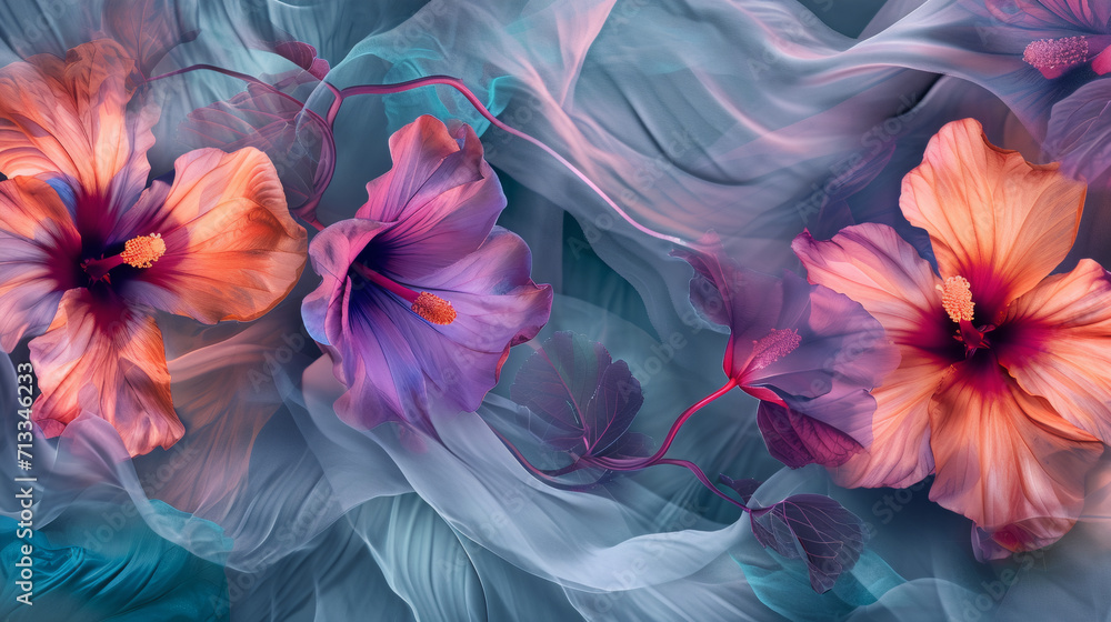 Blue Background with Colorful Flowers, Flowing Fabrics, Magenta and Gray, Enigmatic Tropics, Nature-Inspired Pieces Blue Background with Colorful Flowers, Flowing Fabrics, Magenta and Gray, Enigmatic Tropics, Nature-Inspired Pieces