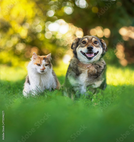 cute furry friends cat and dog sitting in a sunny spring park and smiling