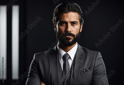 portrait of a man isolated on black, serious man looking to the camera, man with beard, handsome business man in suit
