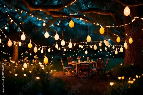 A garden adorned with hanging Easter egg ornaments and fairy lights, casting a magical glow as dusk settles. The scene is a perfect blend of nature and festive decor.