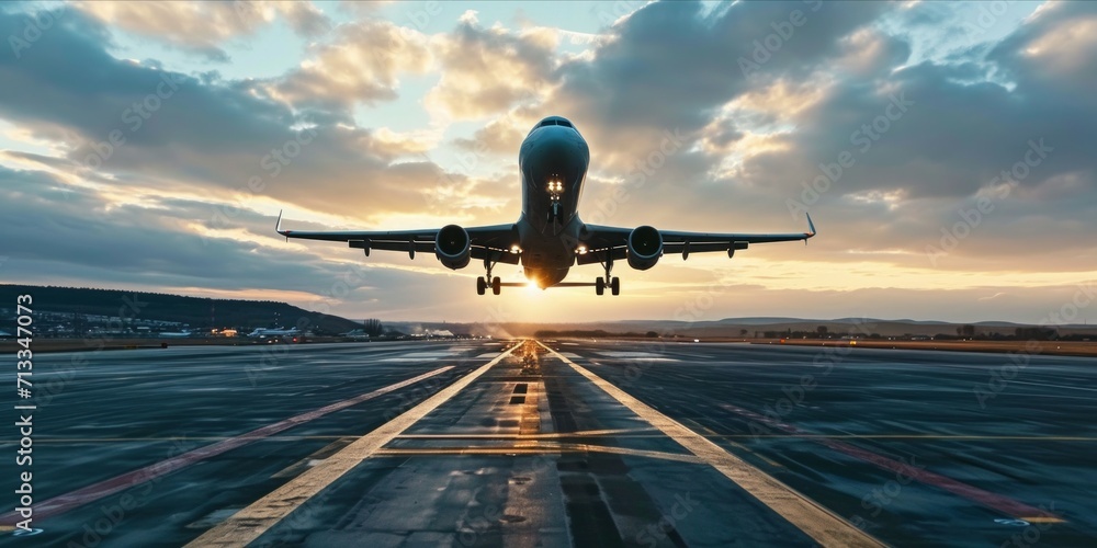 Commercial airliner passenger plane fly down over landing at sunset, travel transport concept - obrazy, fototapety, plakaty 
