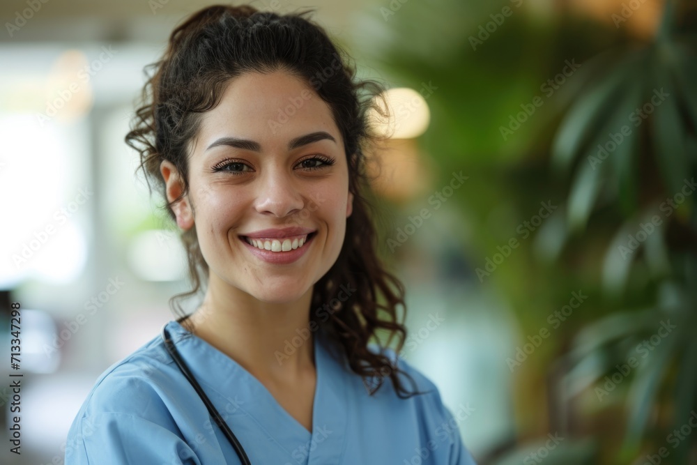 Portrait of young nurse in scrubs at nursing home Portrait of young nurse in scrubs at nursing home
