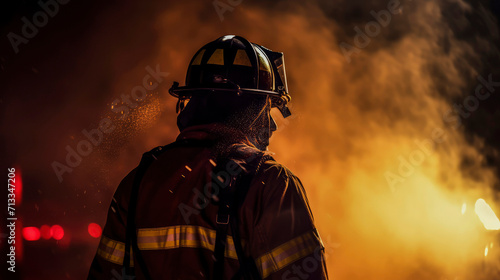 Silhouette of firefighter in helmet and uniform against background of red flames and clouds of smoke. Dangerous work of lifeguard. Concept of of salvation and environmental protection. Copy space.