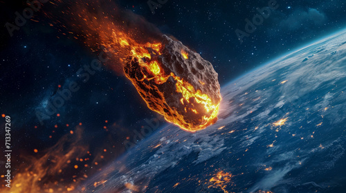 Giant incandescent asteroid is approaching blue planet and begins to burn in dense layers of atmosphere. Celestial body begins to fall apart, burning tail looks like comet. Apocalypse. Copy space.