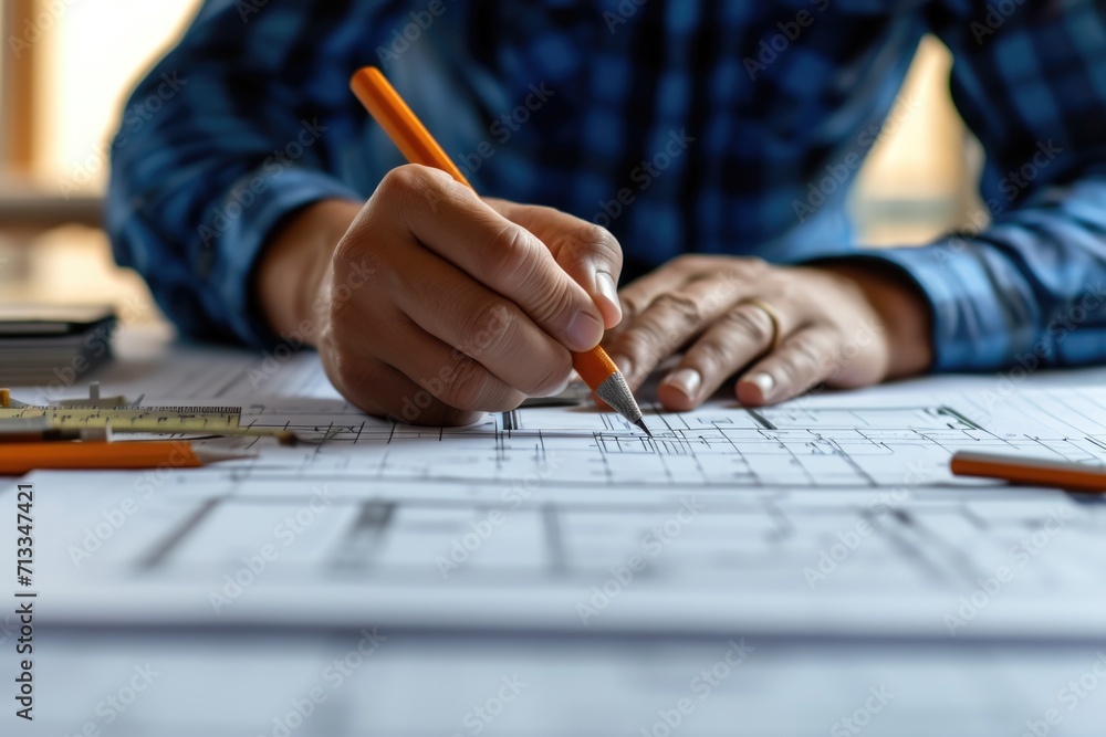 Architect reviewing blueprints with pencil and ruler on desk Architect reviewing blueprints with pencil and ruler on desk