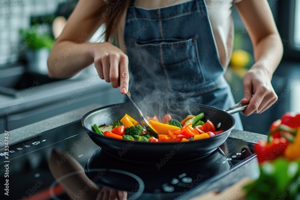 Woman cooking vegetables on a frying pan on electric stove