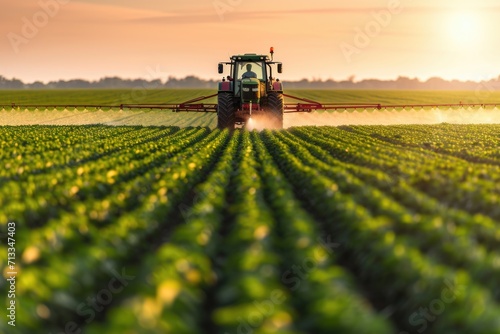Tractor spraying pesticides on farm field