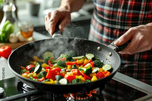 Man cooking vegetables on a frying pan on electric stove