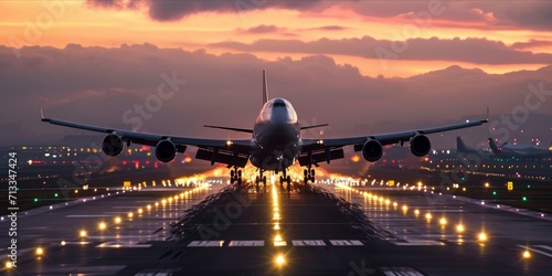 Commercial airliner passenger plane fly down over landing at sunset, travel transport concept