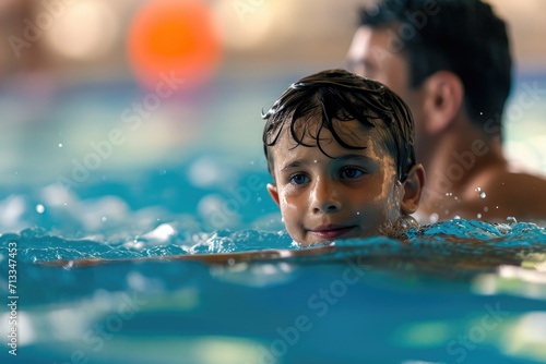 Young boy learning to swim in a pool