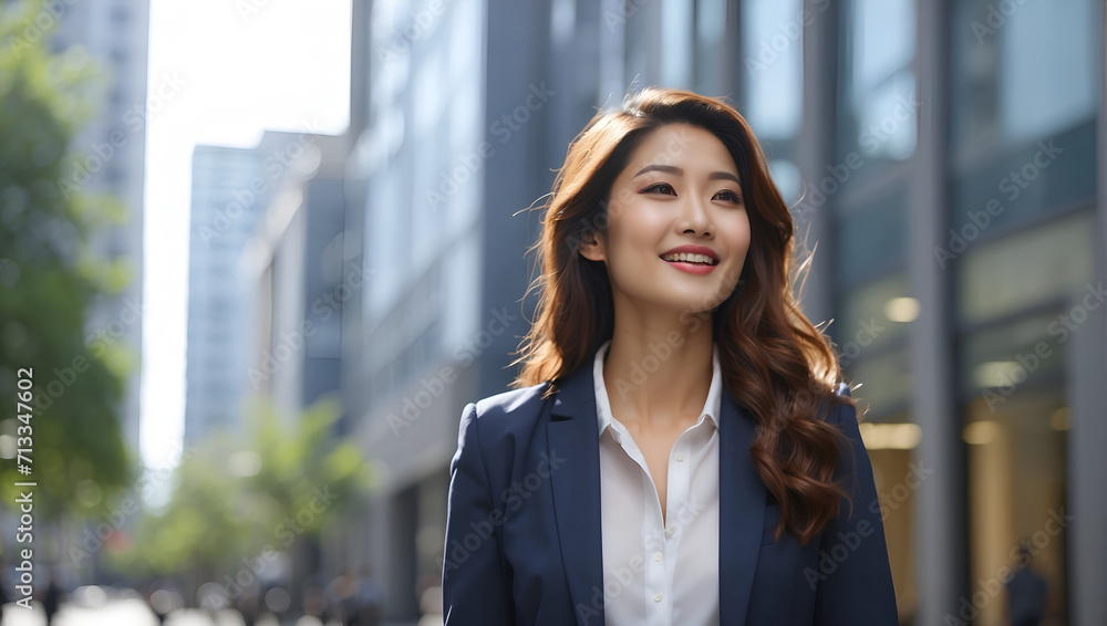 Happy young Asian business woman standing on street outside modern office building in the city. Portrait of professional businesswoman. Office worker looking up to the sky and smiling. Happy young Asian business woman standing on street outside modern office building in the city. Portrait of professional businesswoman. Office worker looking up to the sky and smiling.