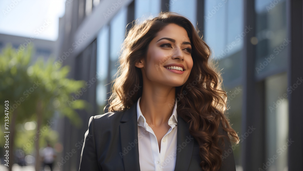 Fototapeta premium Happy young Hispanic business woman standing outside modern office building. Portrait of professional businesswoman. Office worker looking up to the sky and smiling. Entrepreneur.