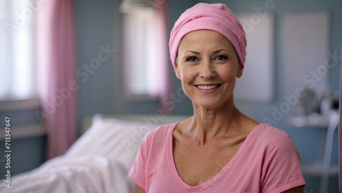 Portrait of happy breast cancer patient. Smiling bald woman after chemotherapy treatment in hospital room. Breast cancer recovery. Breast cancer survivor. Breast cancer awareness month.