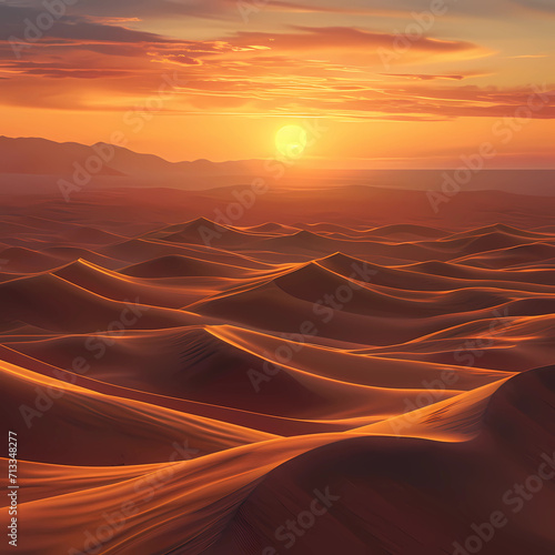 Golden sunset over an endless landscape of sand dunes  with long shadows