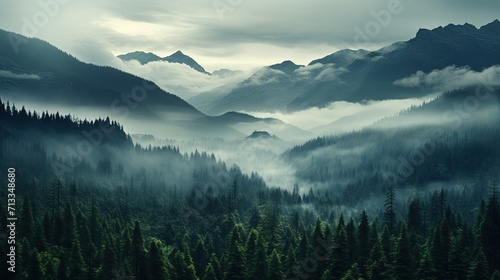 Evening dense foggy forest with high mountains in distance. Mysterious and atmospheric forest landscape. Generative AI