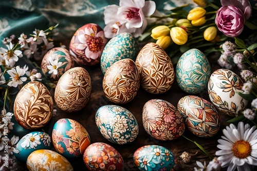A close-up shot of hand-painted Easter eggs with intricate patterns, set against a background of blooming flowers.