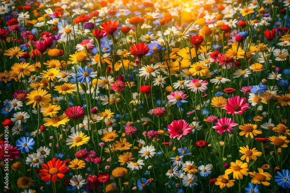 A field of vibrant wildflowers with hidden Easter eggs, presenting a natural and colorful Easter background.