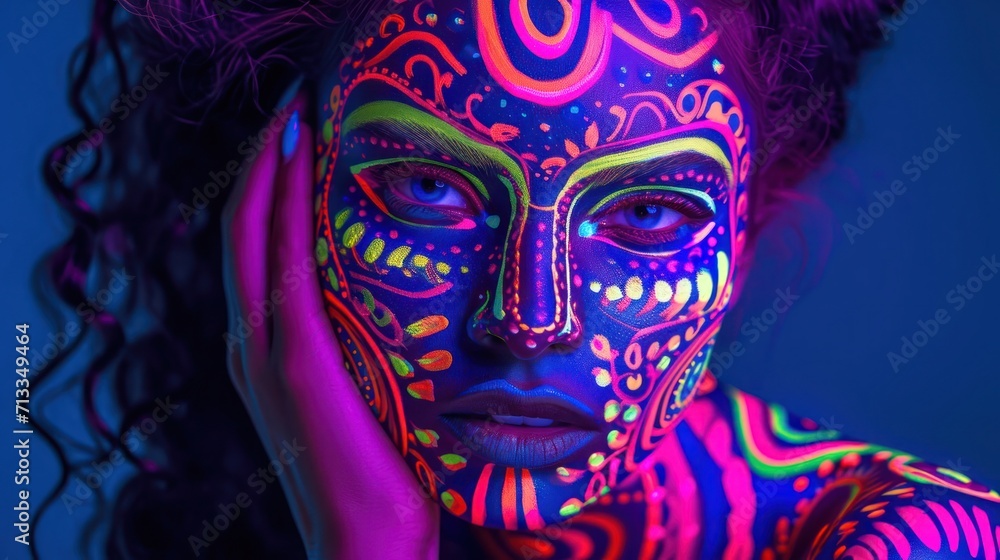 Ethnic Woman With Neon-Colored Face Paint in Striking Portrait Generative AI