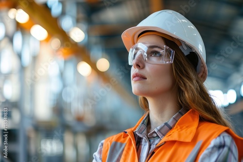 serious professional woman engineer in safety helmet and uniform looking away during work on blurred background