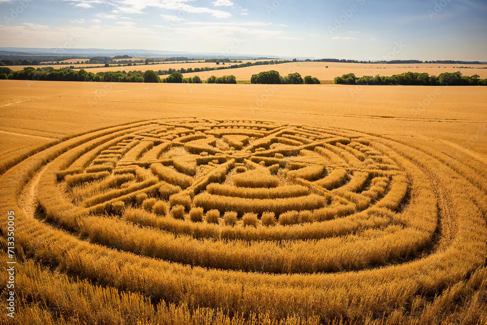 Geometric alien crop circle in wheat field, artist impression, conspiracy theory, UFO Geometric alien crop circle in wheat field, artist impression, conspiracy theory, UFO