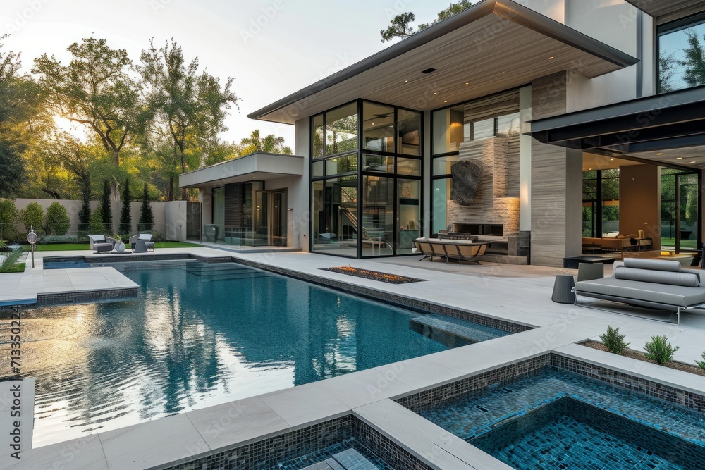 Contemporary suburban home exterior with a geometric pool design, minimalist landscaping, and large patio spaces for outdoor living