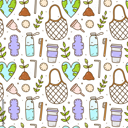 Cute seamless pattern with recycle and reusable products - glass water bottle, coffee cup, mesh bag, textile pads and cotton pads, menstrual cup and others. Zero waste,Save the Planet, ecology concept