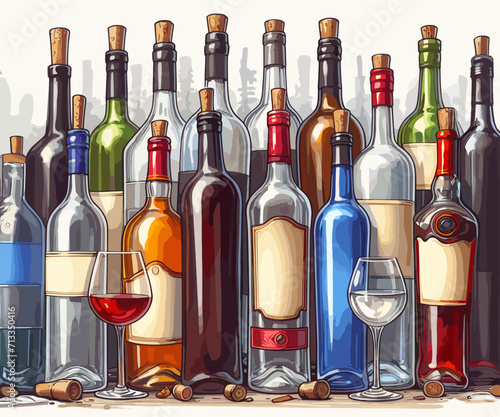 there are many different colored bottles with different alcoholic beverages on the table. Vector graphics