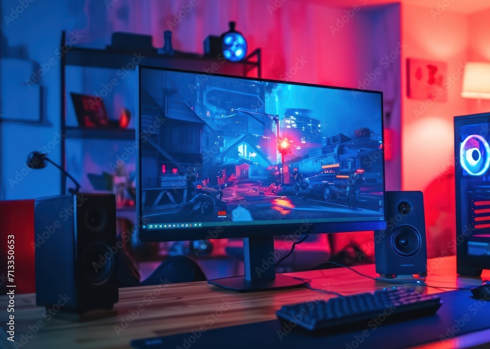 Desktop Computer on Wooden Desk - Neon Gamer Gaming System Setup Generative AI