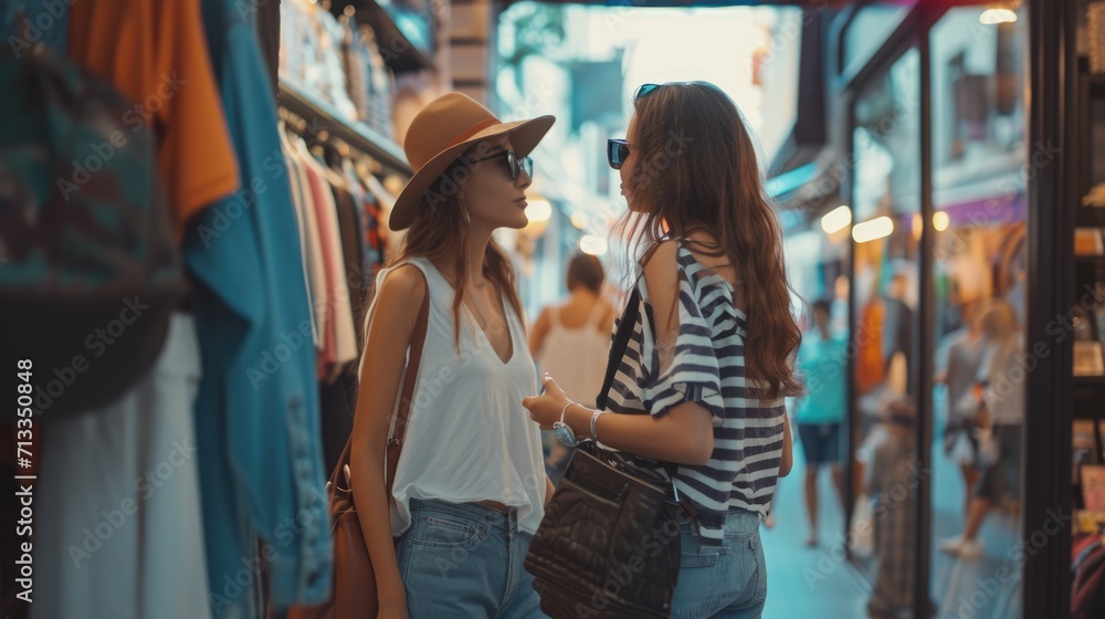 Two friends enjoy a fun shopping trip together, sharing opinions on trendy clothes in a cozy boutique. Ai generated