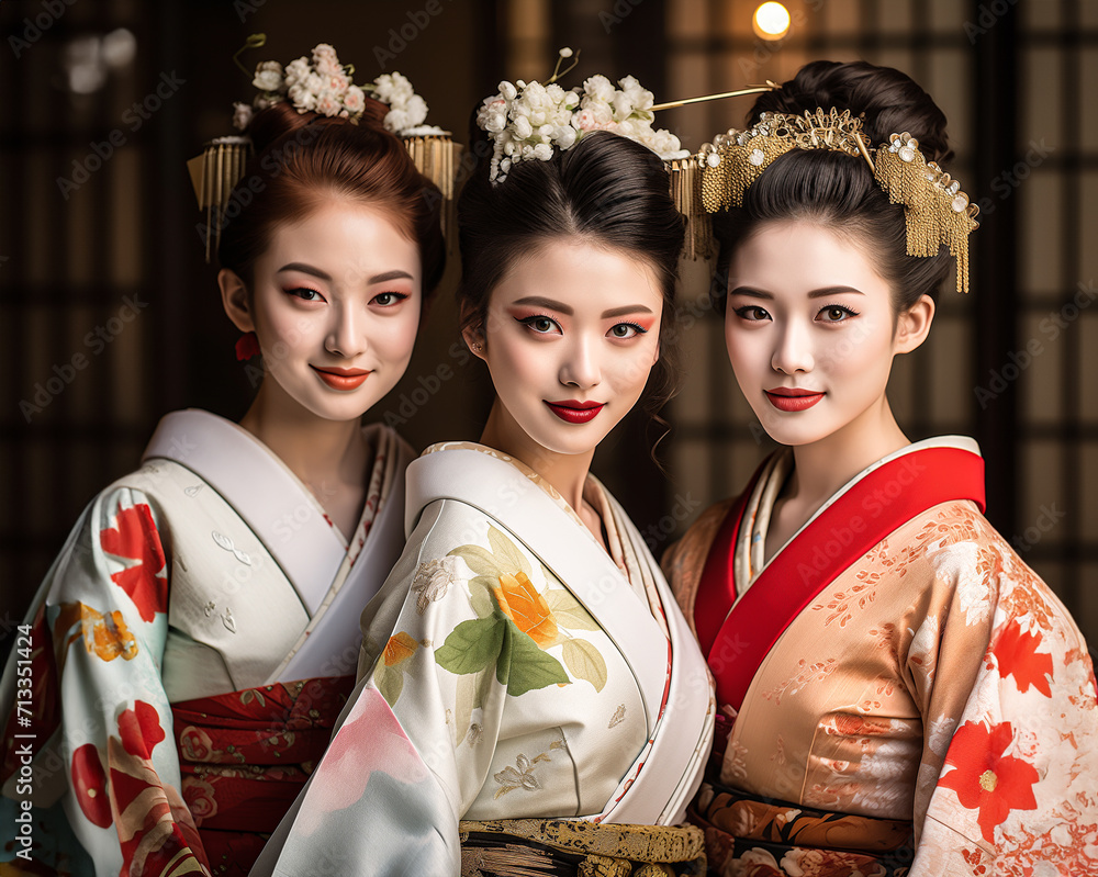 Japanese Geisha Women Group in Traditional Red Kimono Adorned with Floral Patterns Japanese Geisha Women Group in Traditional Red Kimono Adorned with Floral Patterns