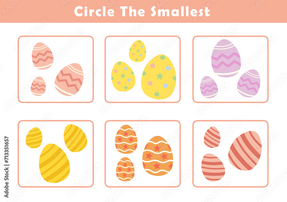 Education game for children with cute easter illustration. Circle the smallest object in each group. Fun and educational size comparison worksheets for kids. Find the smallest easter egg.