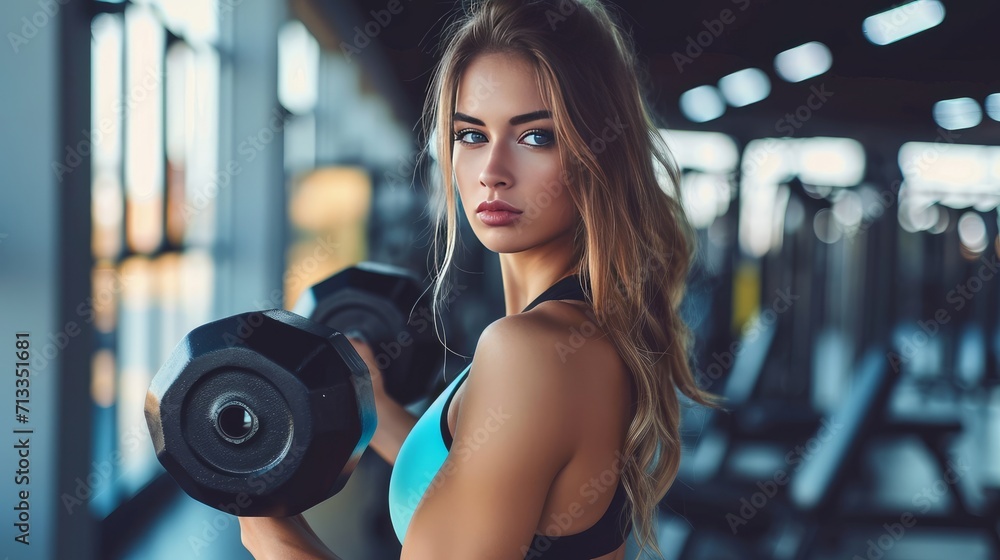 young woman doing fitness exercises with dumbbells in the gym