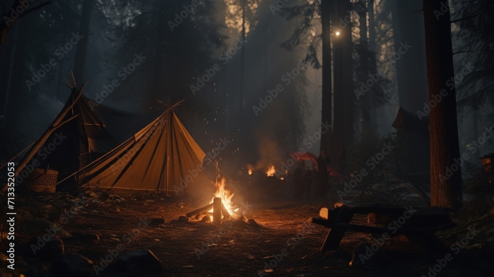 a tent in the forest with fire and firewood - obrazy, fototapety, plakaty 