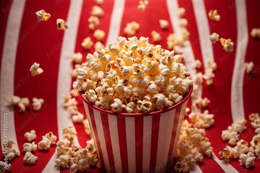 Popcorn erupts from a striped container with 3D glasses on a red background design. Popcorn erupts from a striped container with 3D glasses on a red background design.