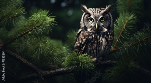 an owl sits on the branch of some pines