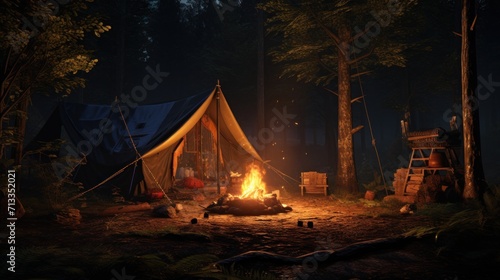 a glowing tent is set up in the woods at night with an iron ring