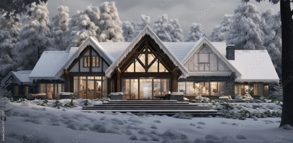 a rustic home in a white snowy winter scene