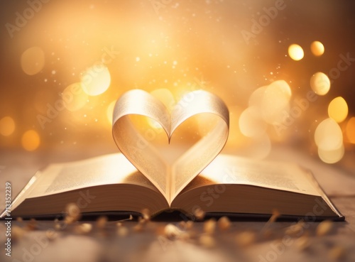 an open book shaped like a heart against the light of the background