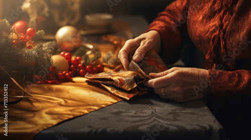 an old woman wrapping a christmas present