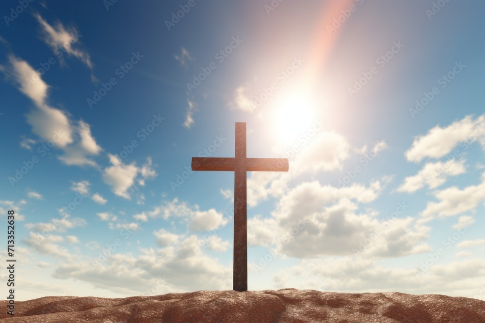 a cross is standing on a blue background