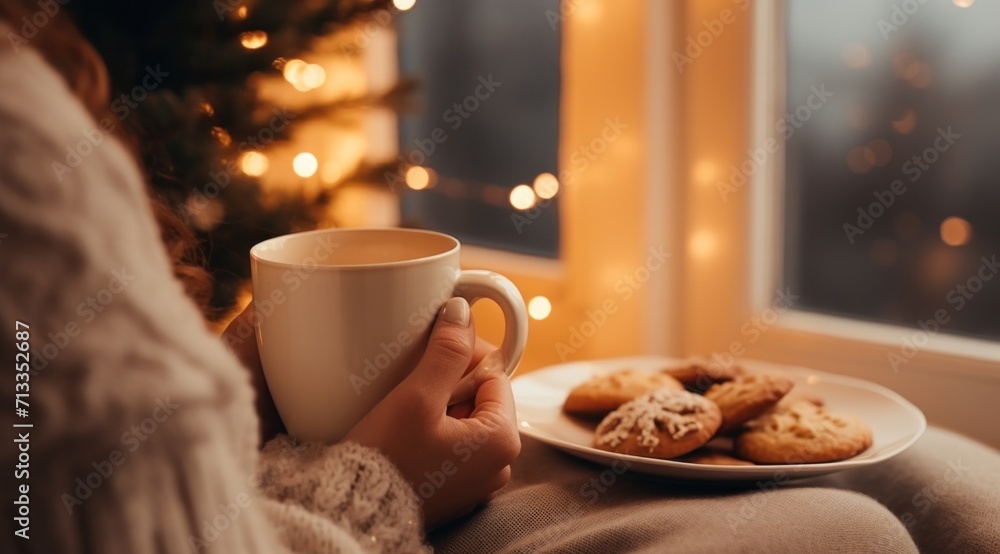 a person holds coffee cup and cookies at home at christmas